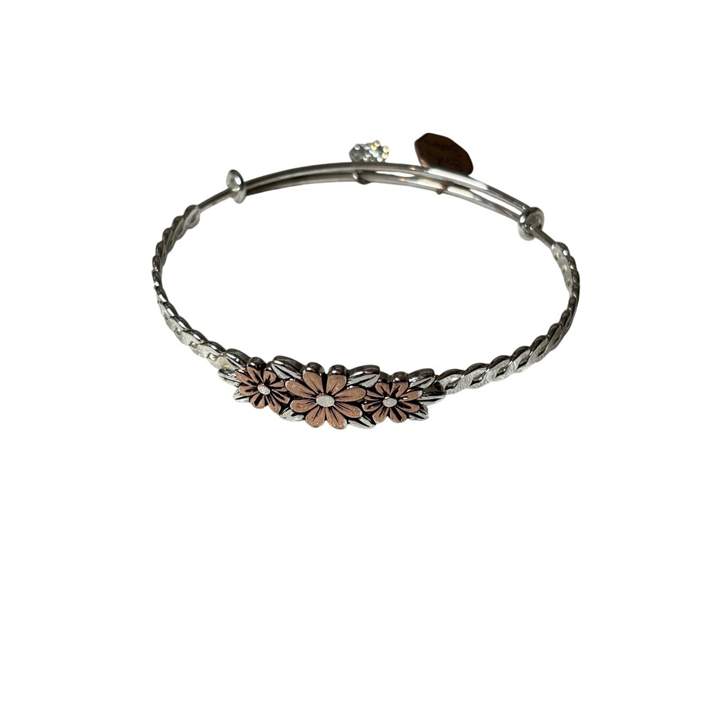 Alex and Ani Soul Sisters Two Tone Daisy Expandable Bangle Bracelet Silver Rose